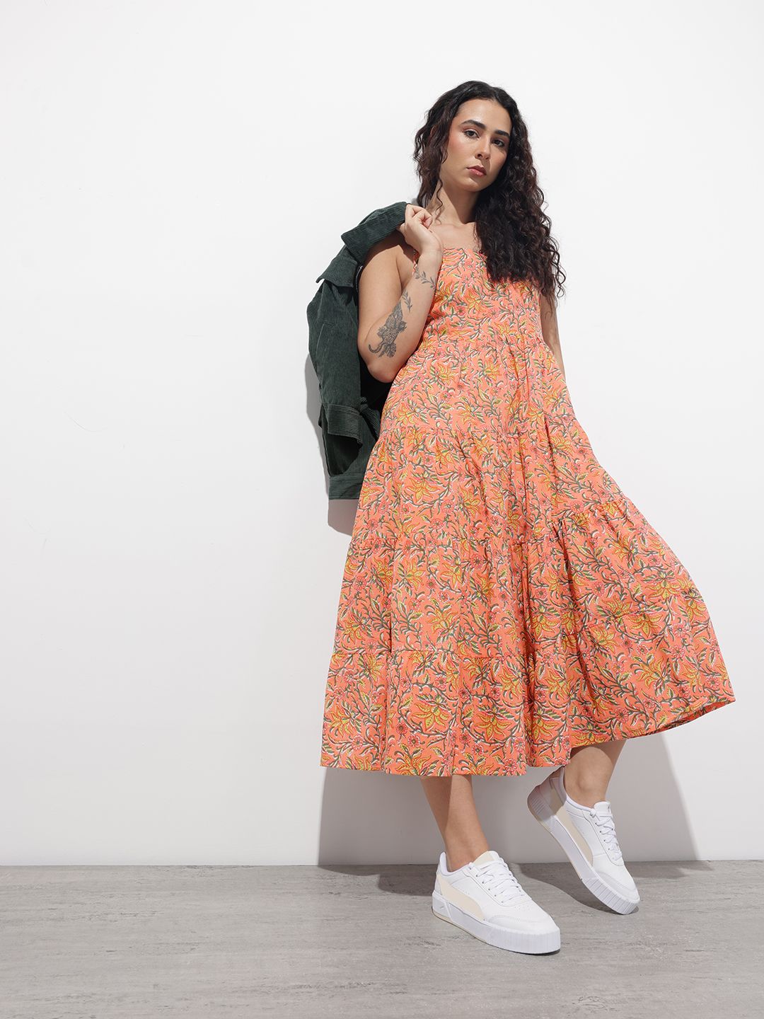 Divena Orange Shoulder Strapes Fit & Flared Cotton Dress