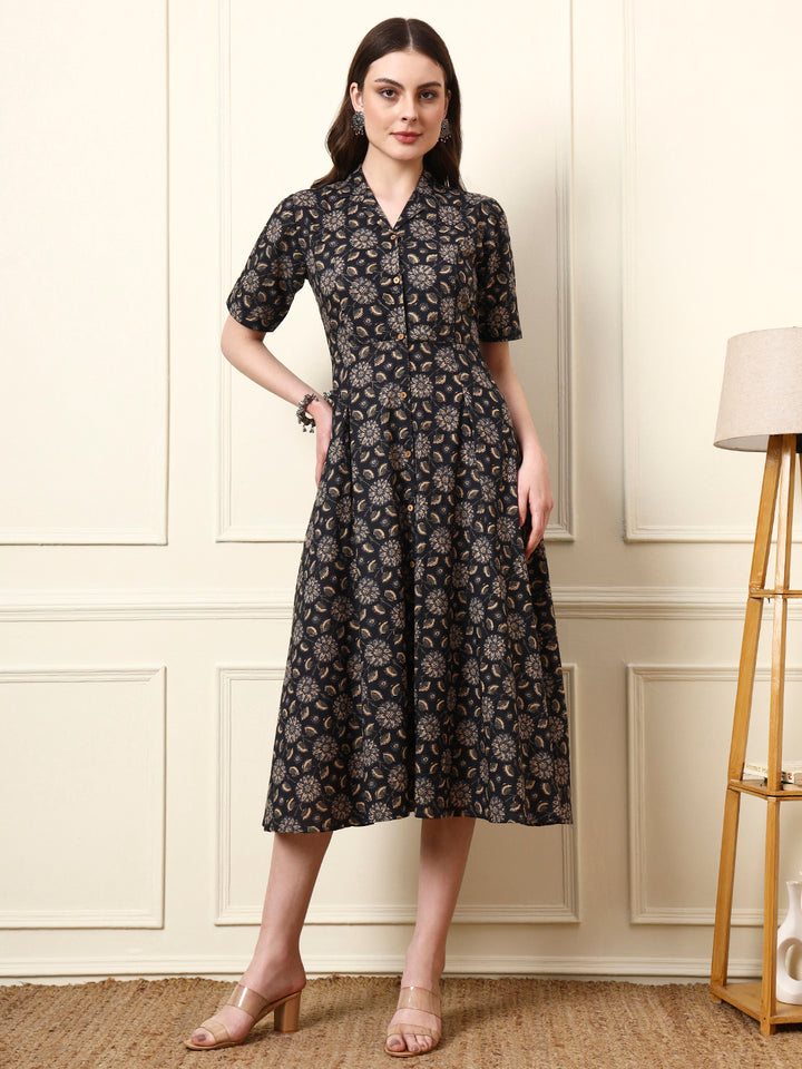Divena Black Shirt Coller Cotton Dress