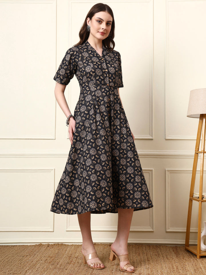 Divena Black Shirt Coller Cotton Dress