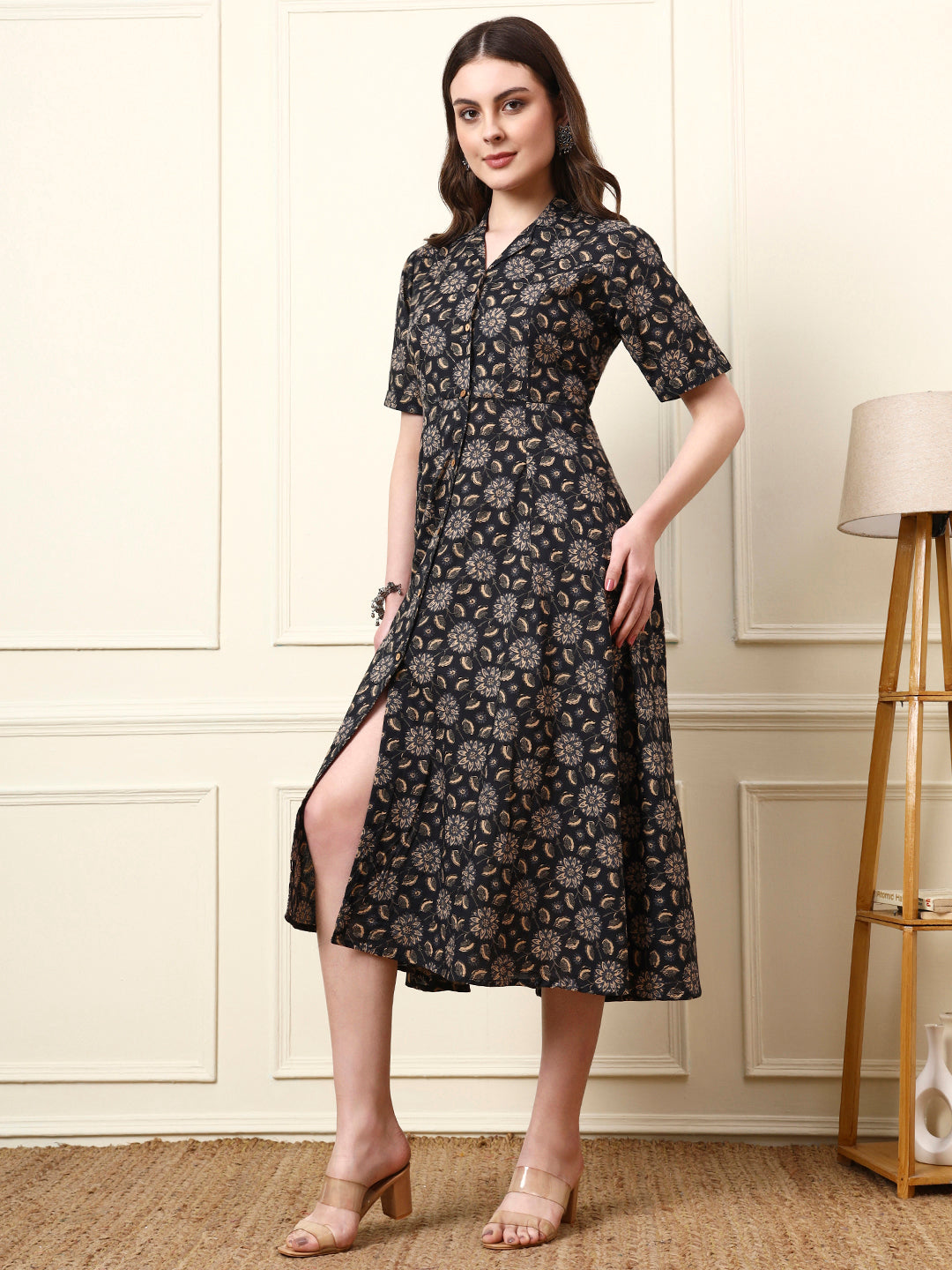 Divena Black Shirt Coller Cotton Dress