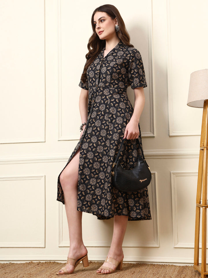 Divena Black Shirt Coller Cotton Dress