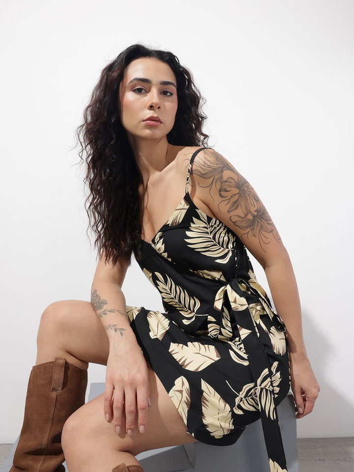 Divena Black Shoulder Strap Rayon Dress