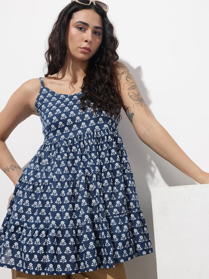 Divena Blue Floral Shoulder Straps Gather Tier Top