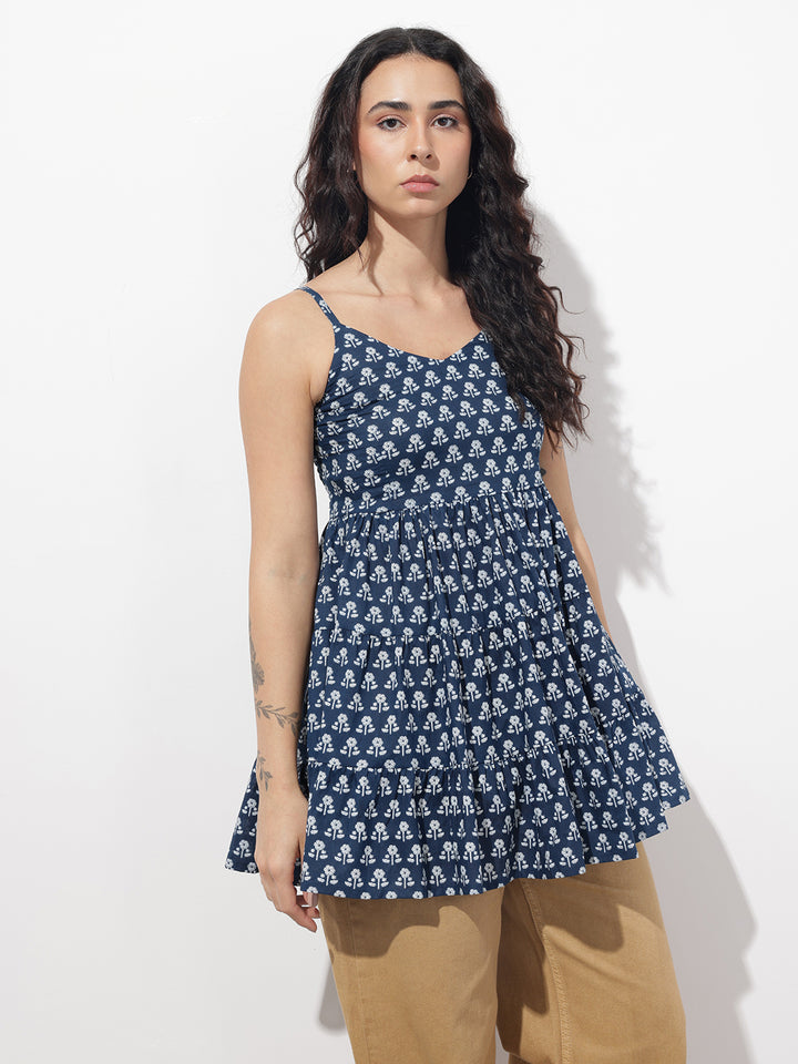 Divena Blue Floral Shoulder Straps Gather Tier Top