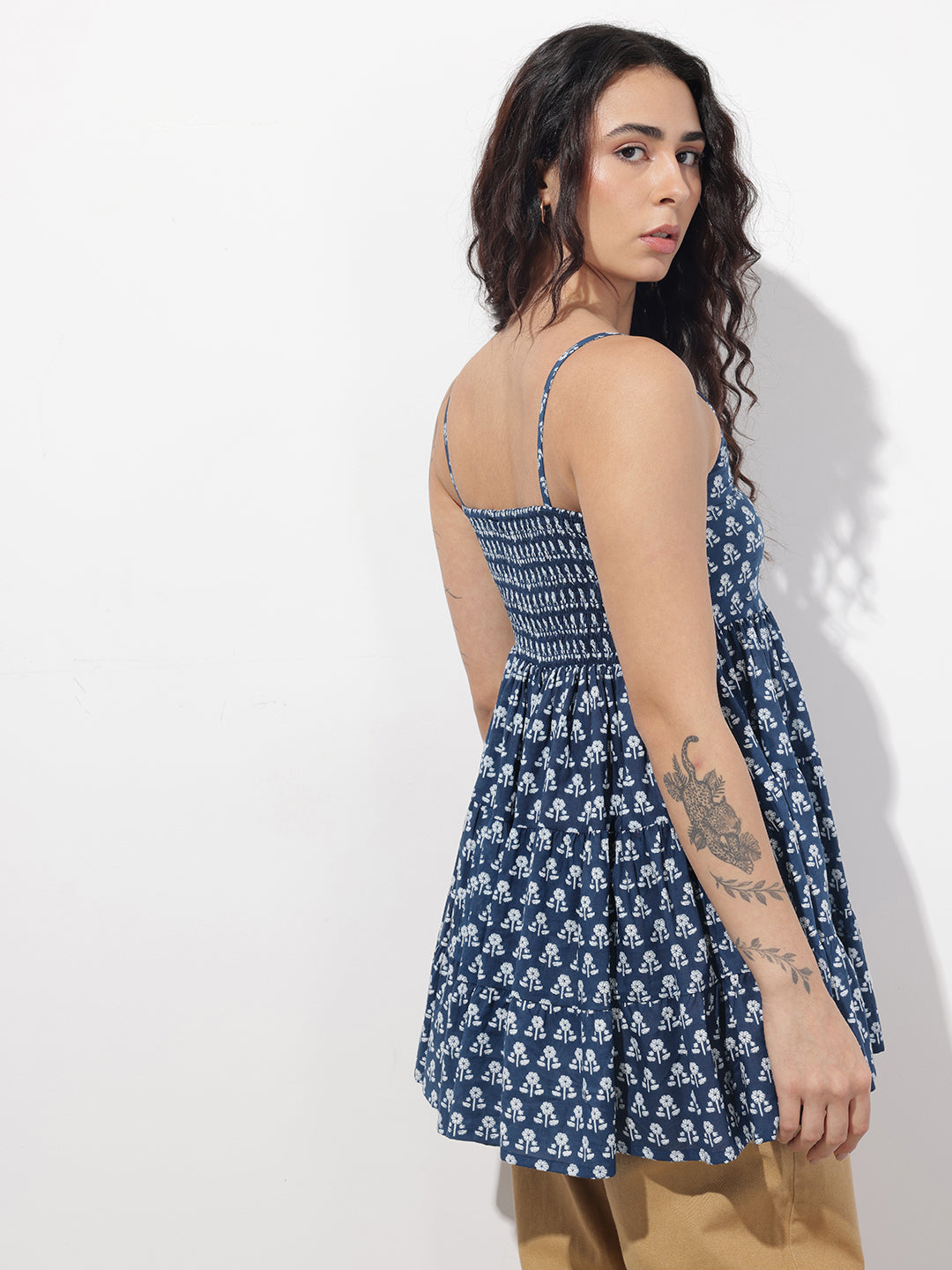 Divena Blue Floral Shoulder Straps Gather Tier Top