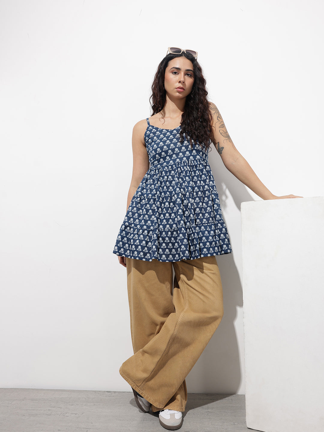 Divena Blue Floral Shoulder Straps Gather Tier Top