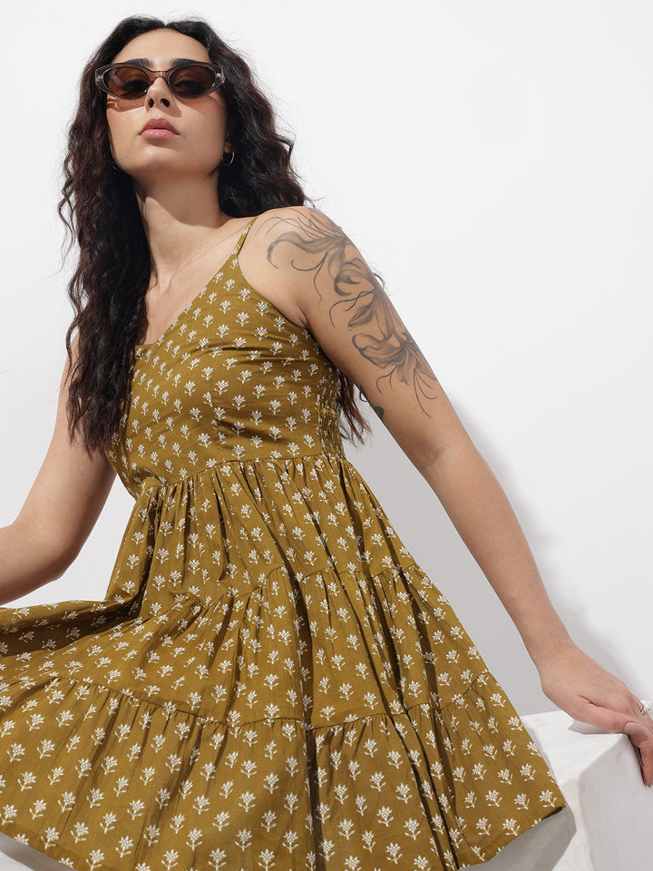 Divena Mehendi Floral Shoulder Straps Gather Tier Top