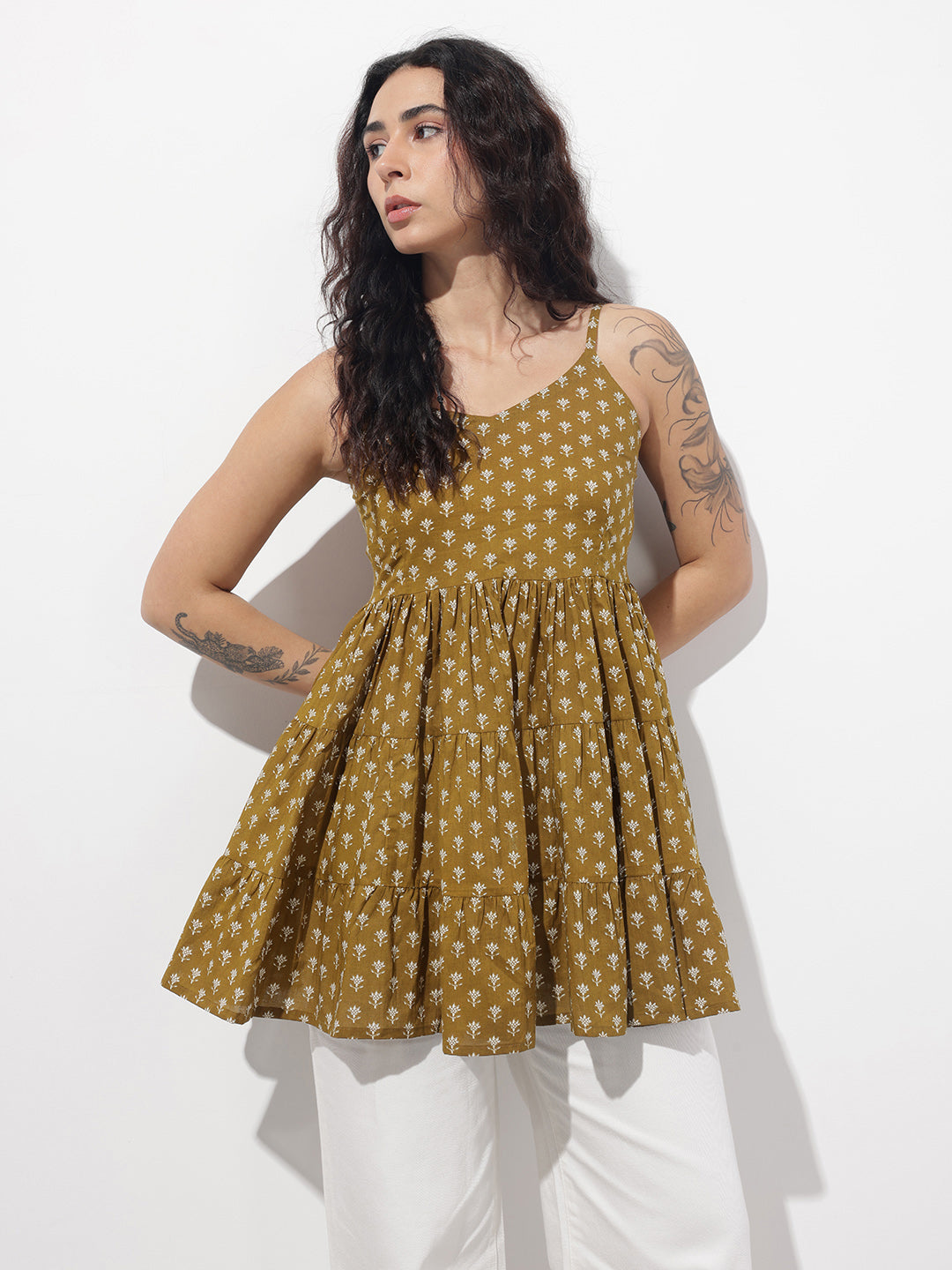 Divena Mehendi Floral Shoulder Straps Gather Tier Top