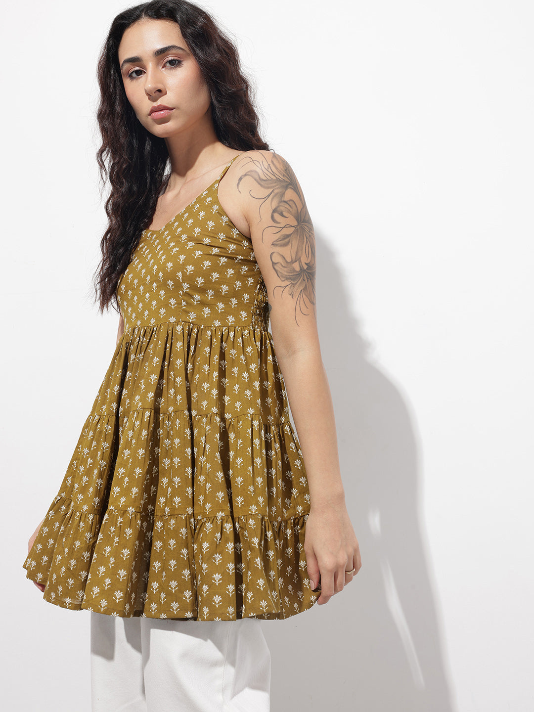 Divena Mehendi Floral Shoulder Straps Gather Tier Top