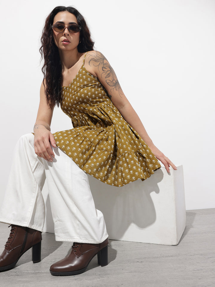 Divena Mehendi Floral Shoulder Straps Gather Tier Top