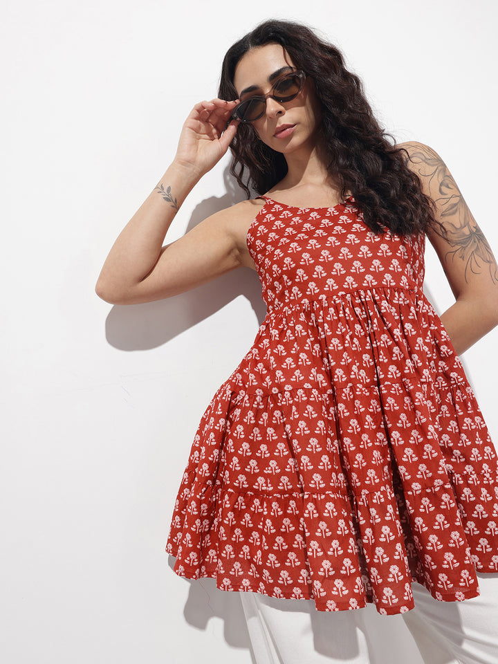 Divena Red Floral Shoulder Straps Gather Tier Top