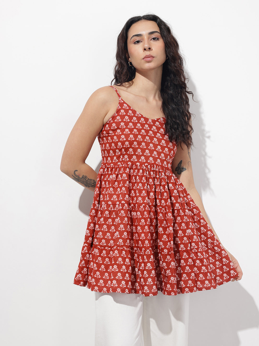 Divena Red Floral Shoulder Straps Gather Tier Top