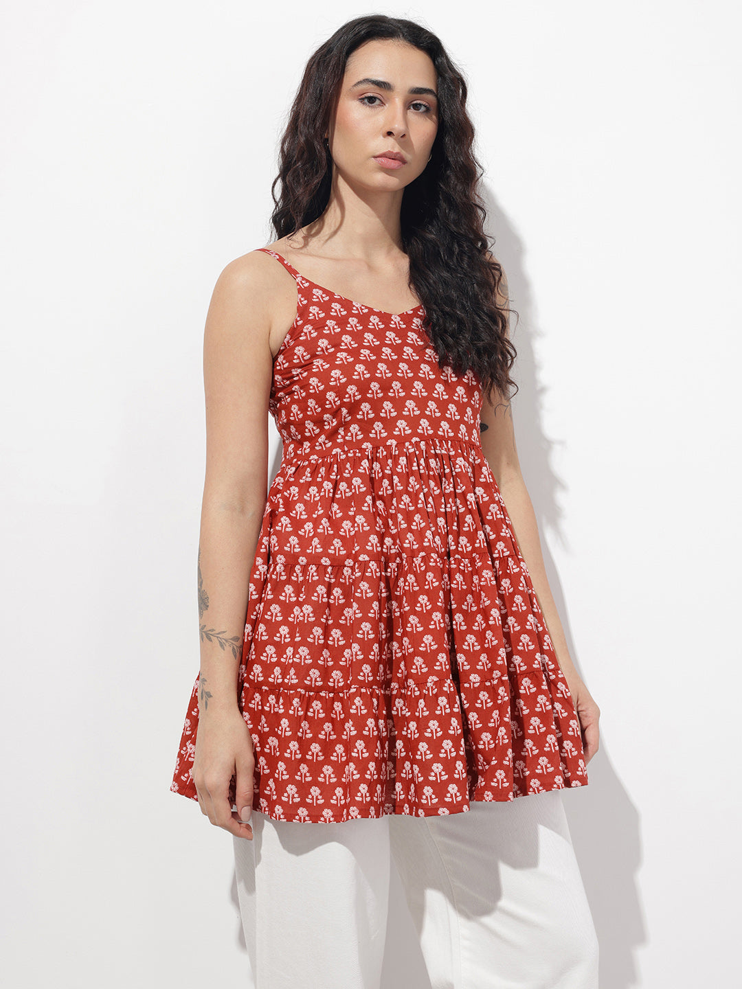 Divena Red Floral Shoulder Straps Gather Tier Top