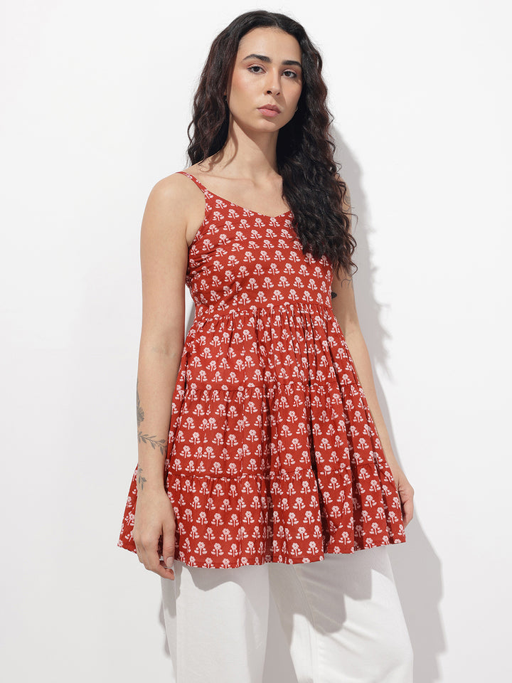 Divena Red Floral Shoulder Straps Gather Tier Top