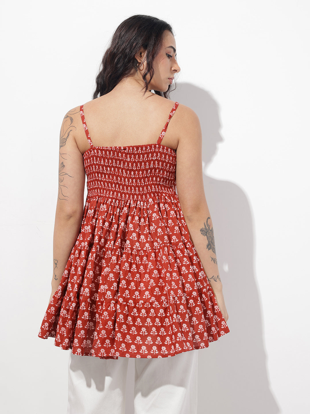 Divena Red Floral Shoulder Straps Gather Tier Top