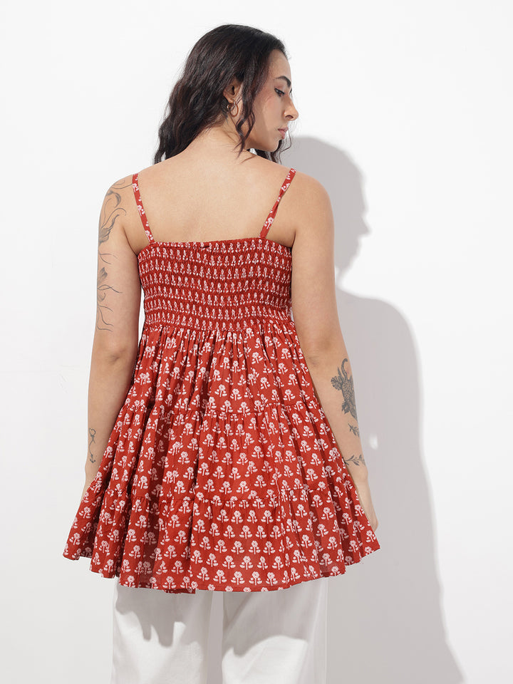 Divena Red Floral Shoulder Straps Gather Tier Top