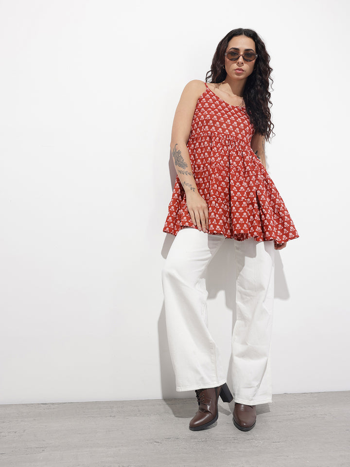 Divena Red Floral Shoulder Straps Gather Tier Top