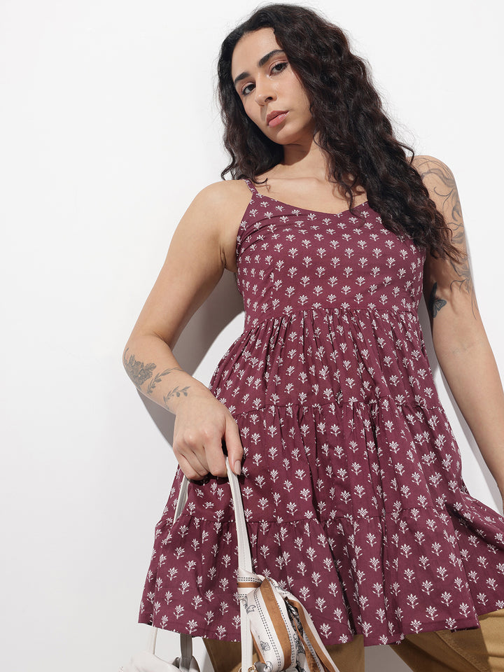Divena Burgundy Floral Shoulder Straps Gather Tier Top