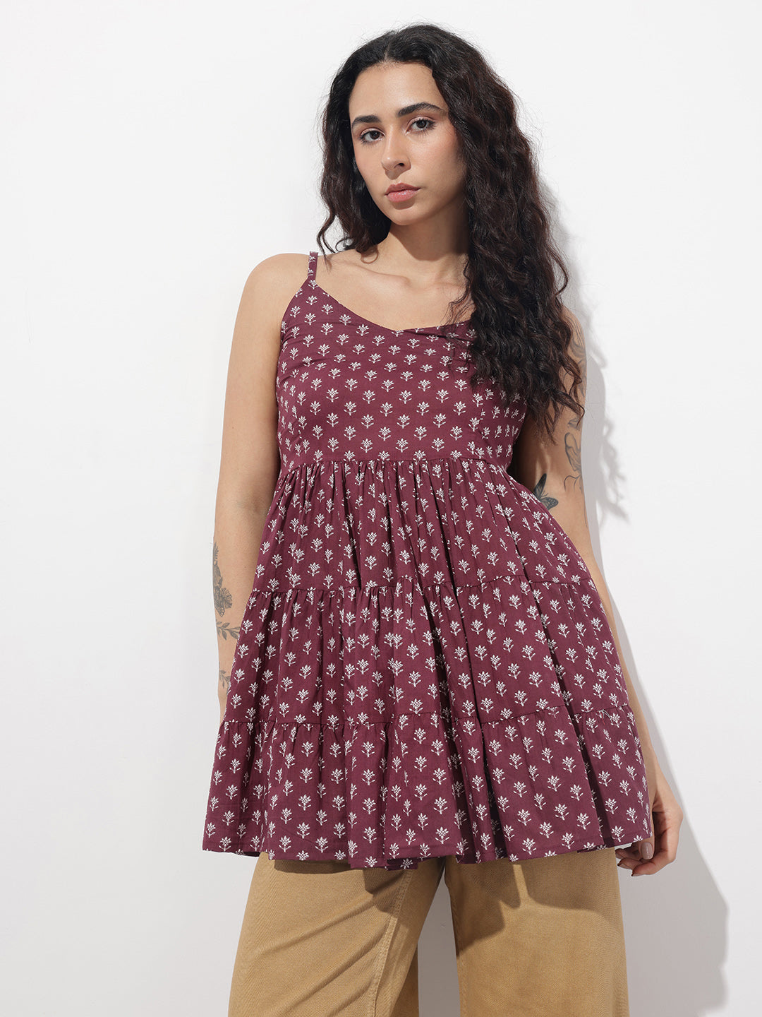 Divena Burgundy Floral Shoulder Straps Gather Tier Top