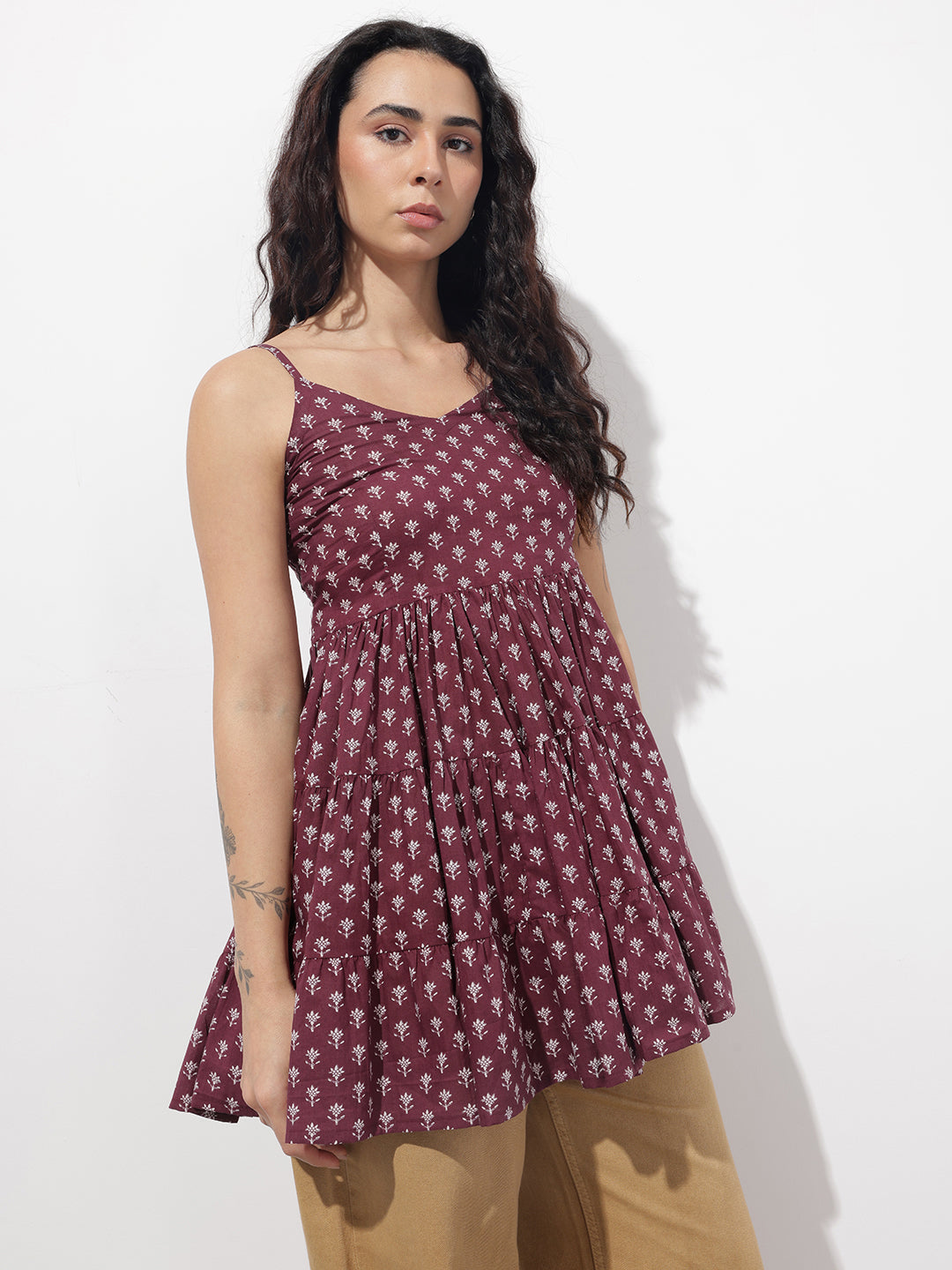 Divena Burgundy Floral Shoulder Straps Gather Tier Top