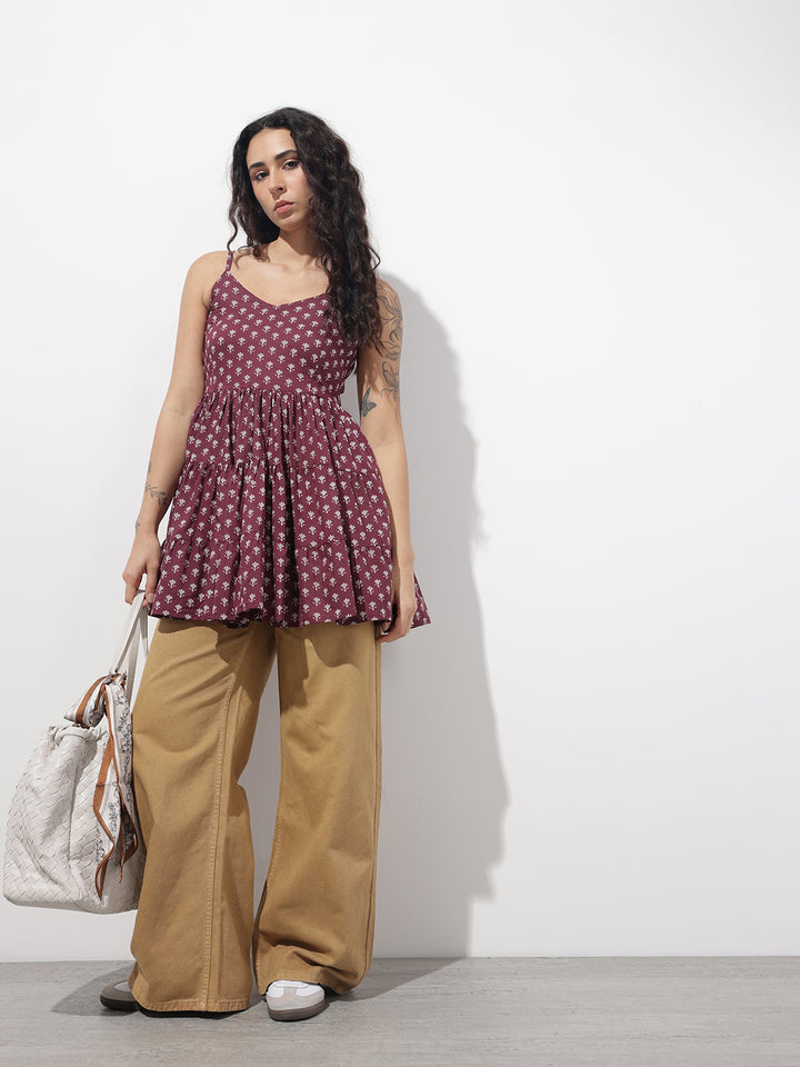Divena Burgundy Floral Shoulder Straps Gather Tier Top