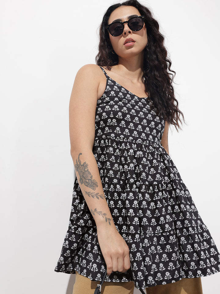 Divena Black Floral Shoulder Straps Gather Tier Top