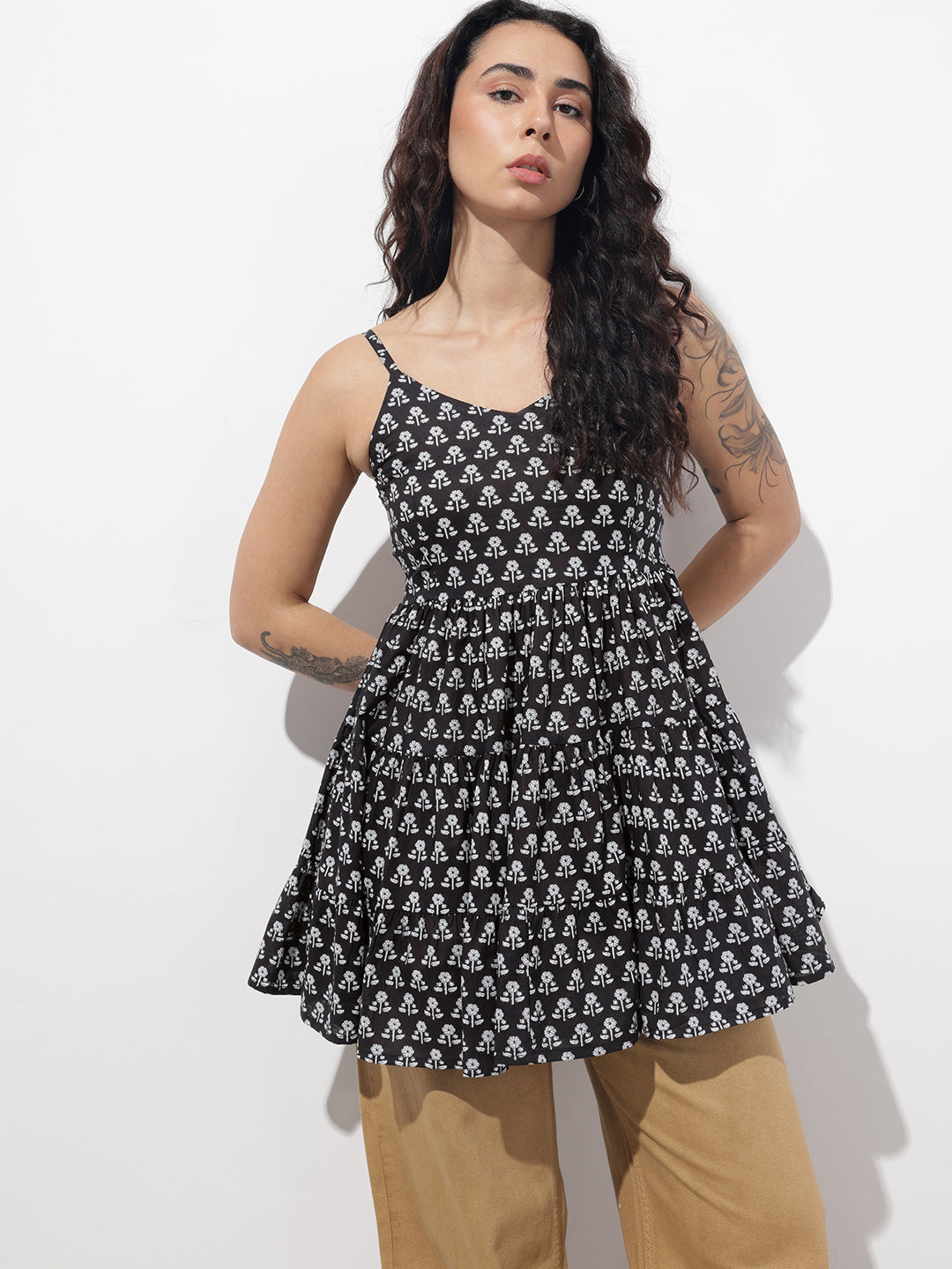 Divena Black Floral Shoulder Straps Gather Tier Top