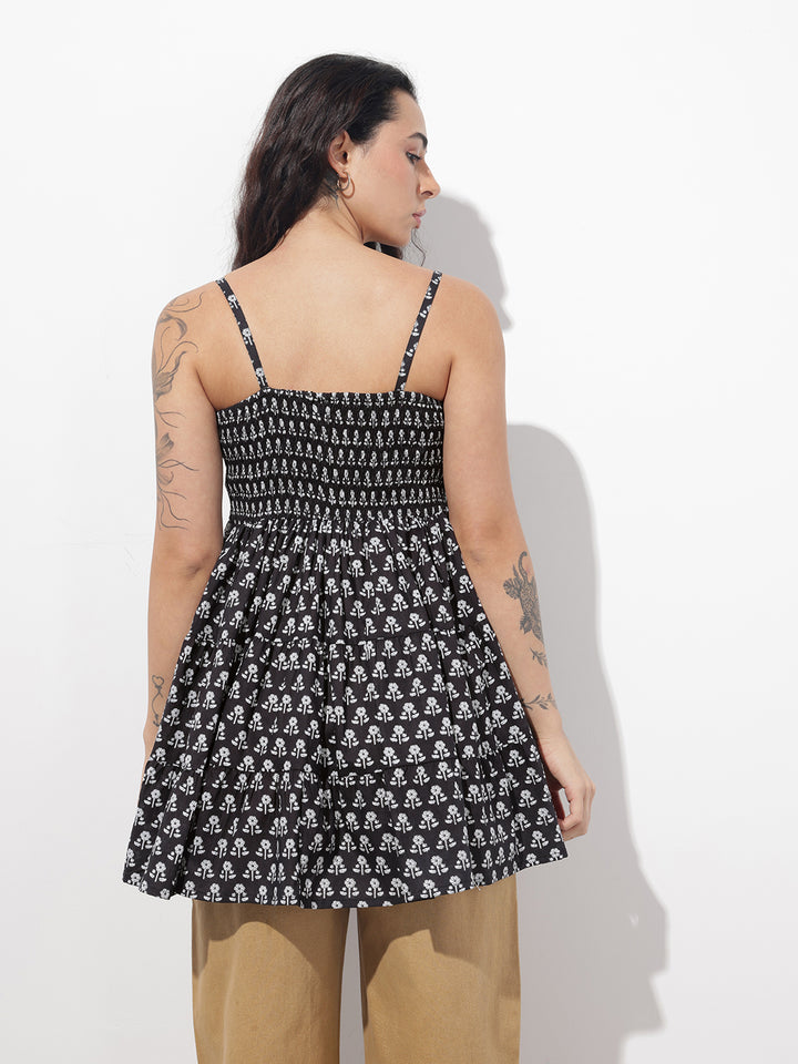 Divena Black Floral Shoulder Straps Gather Tier Top