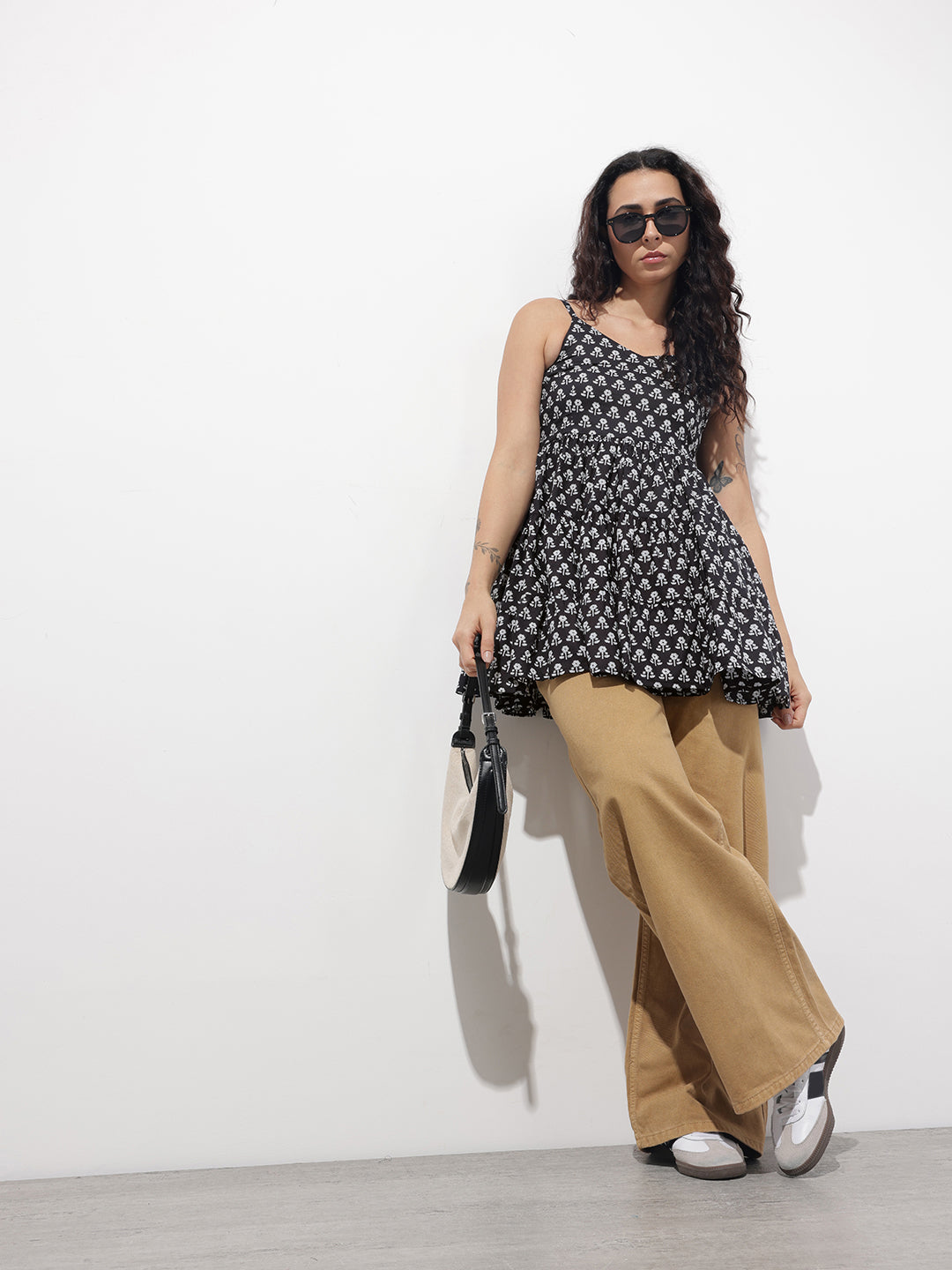 Divena Black Floral Shoulder Straps Gather Tier Top