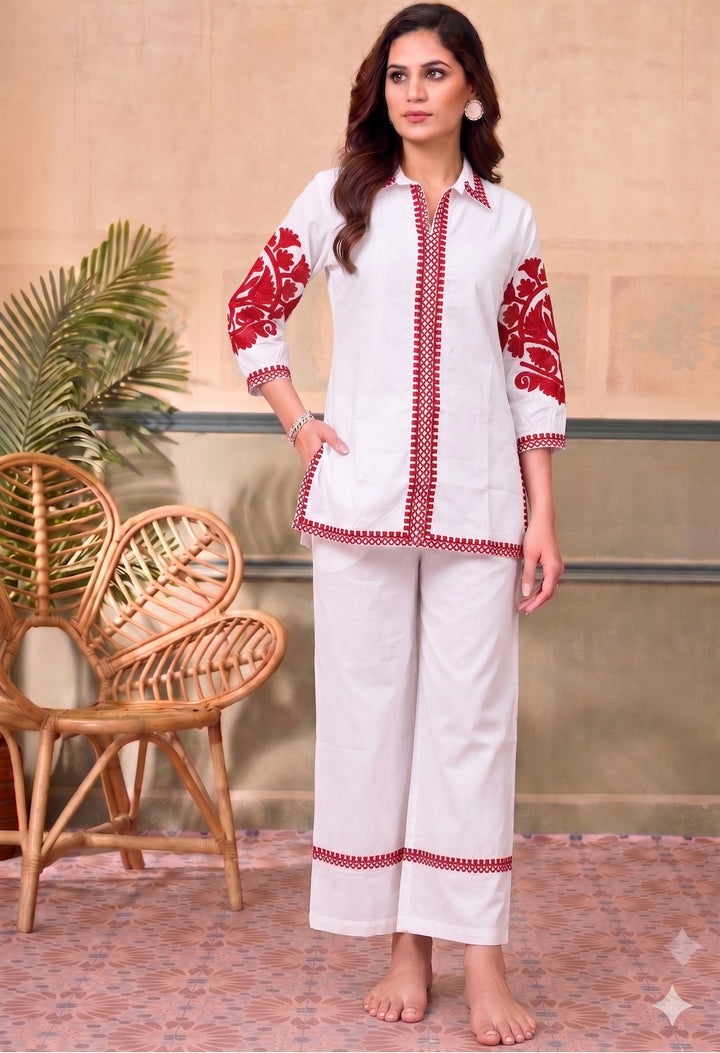 Divena White Solid Pink Embroidary Co-ords Sets