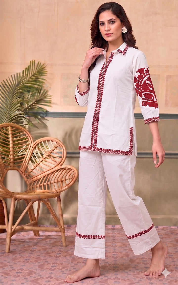 Divena White Solid Pink Embroidary Co-ords Sets