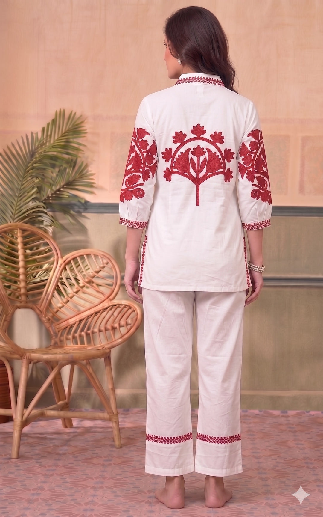 Divena White Solid Pink Embroidary Co-ords Sets