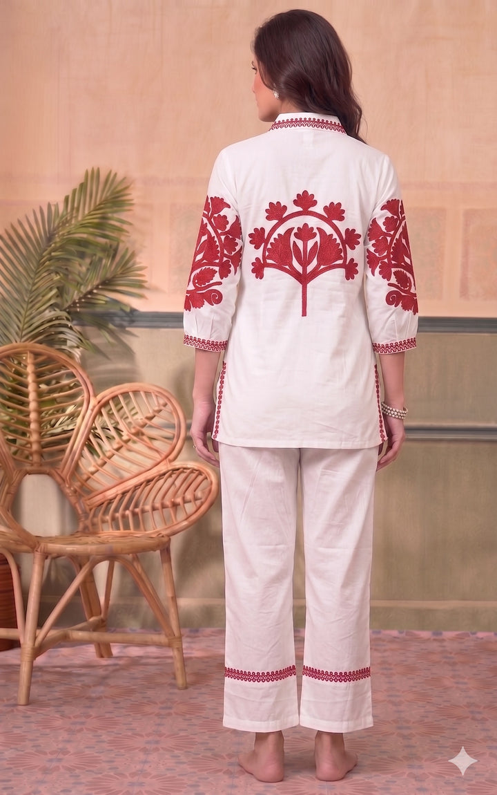 Divena White Solid Pink Embroidary Co-ords Sets