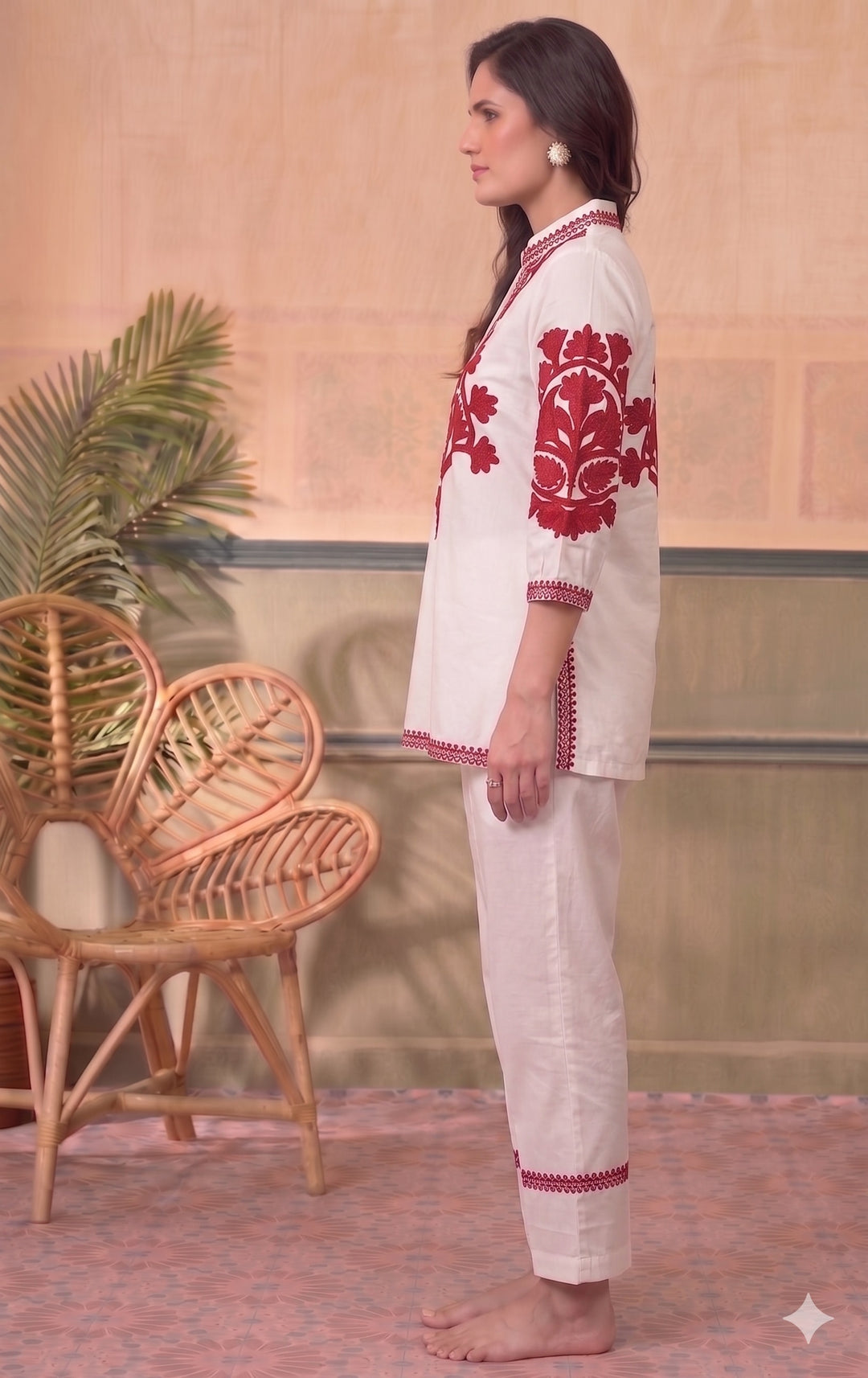 Divena White Solid Pink Embroidary Co-ords Sets