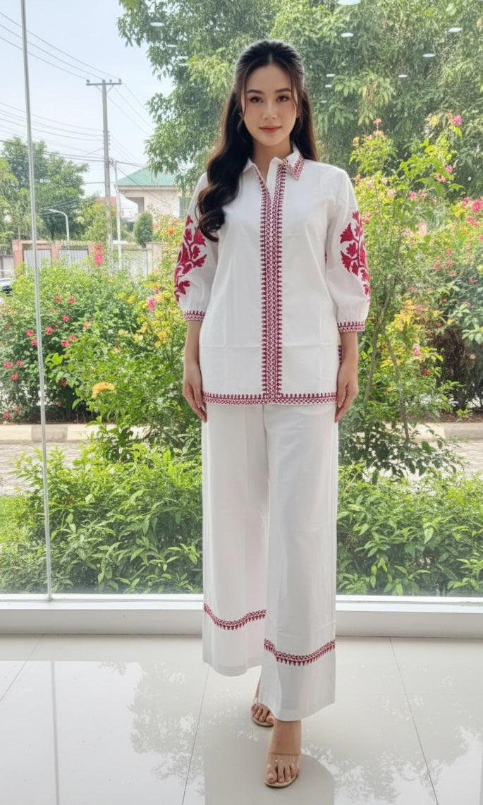 Divena White Solid Pink Embroidary Co-ords Sets