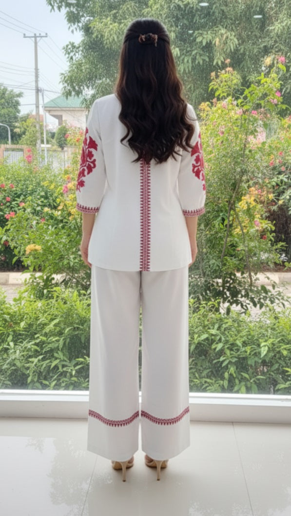 Divena White Solid Pink Embroidary Co-ords Sets