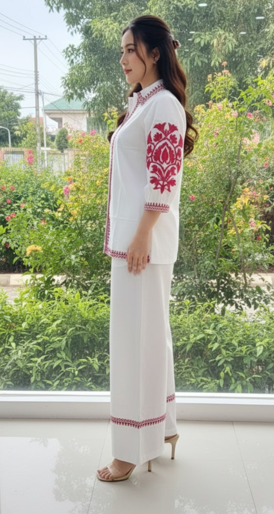 Divena White Solid Pink Embroidary Co-ords Sets