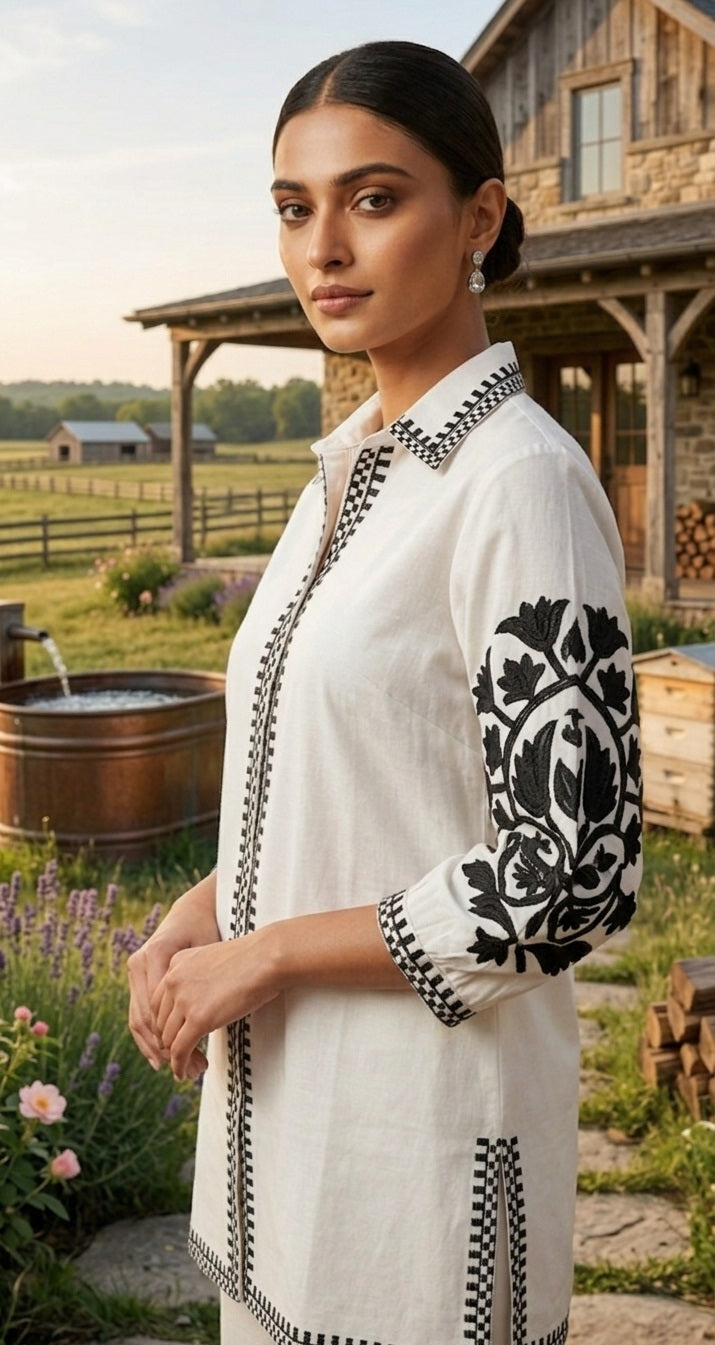 Divena White Solid Black Embroidary Co-ords Sets