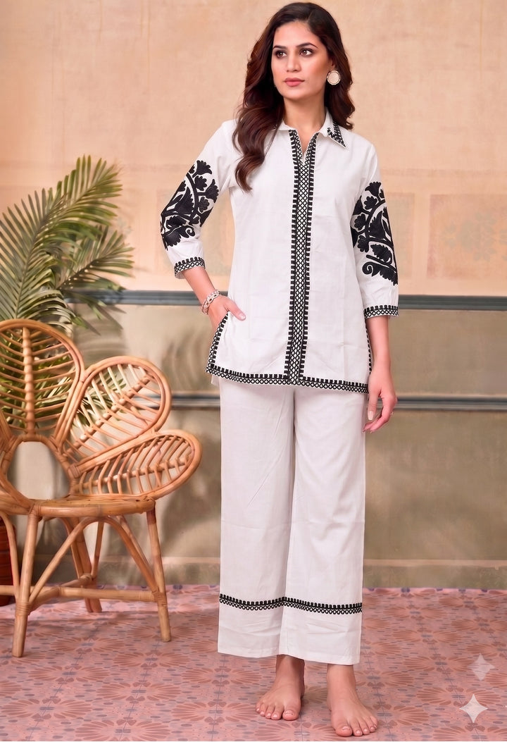 Divena White Solid Black Embroidary Co-ords Sets