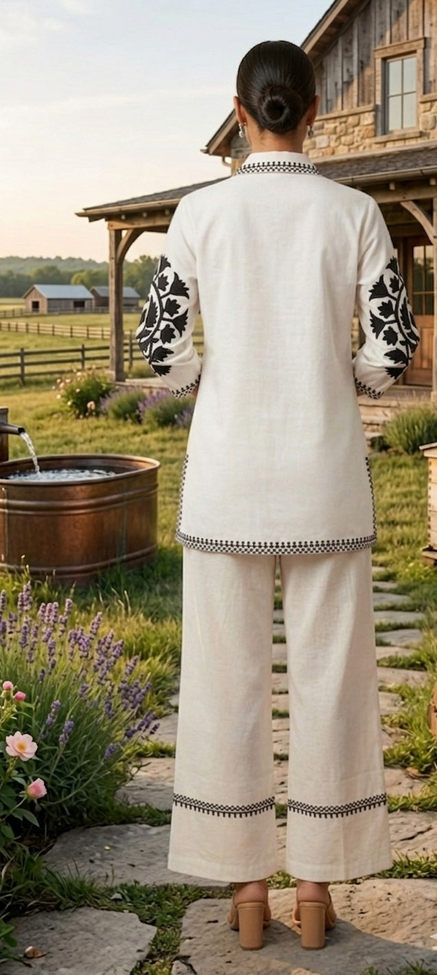 Divena White Solid Black Embroidary Co-ords Sets