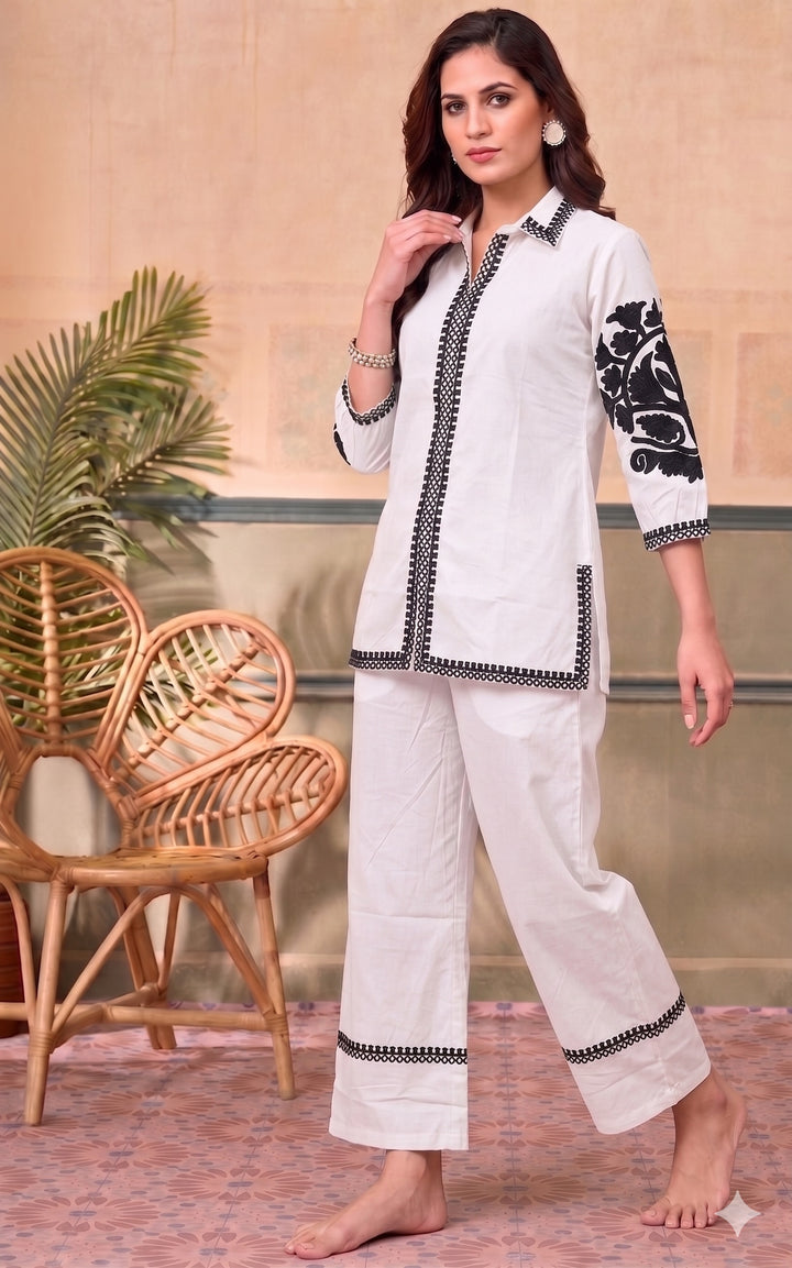 Divena White Solid Black Embroidary Co-ords Sets