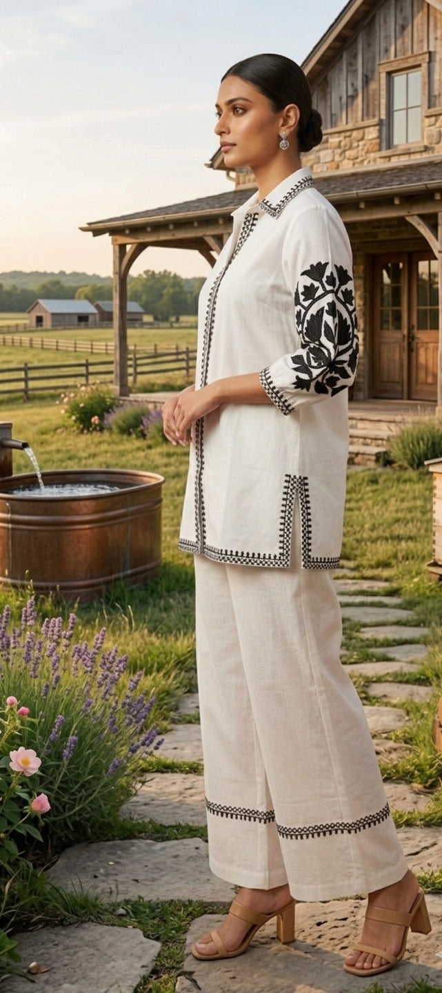 Divena White Solid Black Embroidary Co-ords Sets