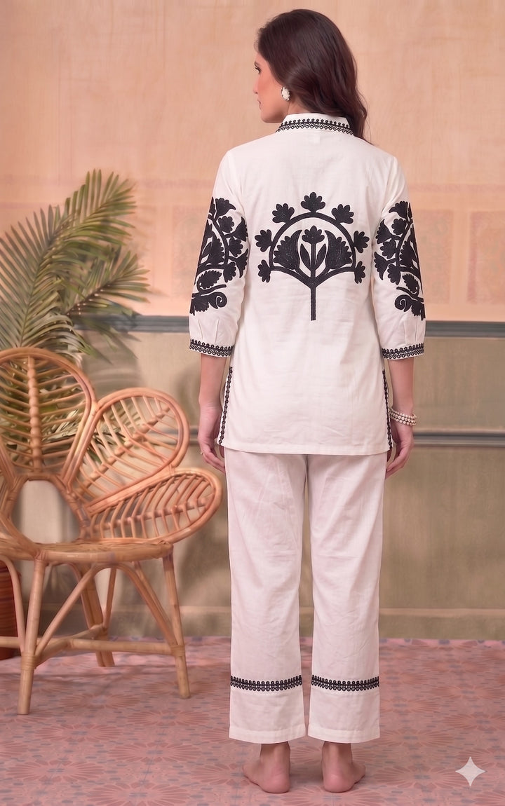 Divena White Solid Black Embroidary Co-ords Sets
