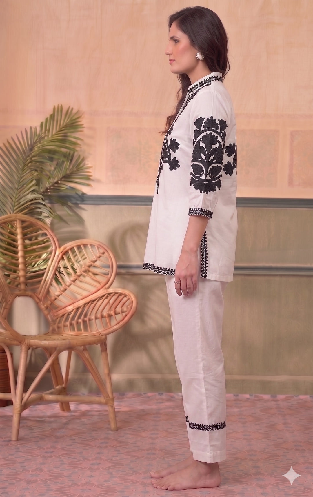 Divena White Solid Black Embroidary Co-ords Sets