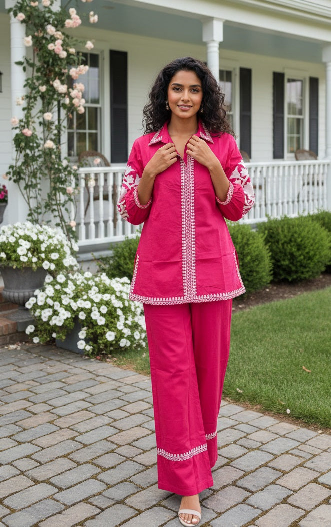Divena Pink Solid White Embroidary Co-ords Sets