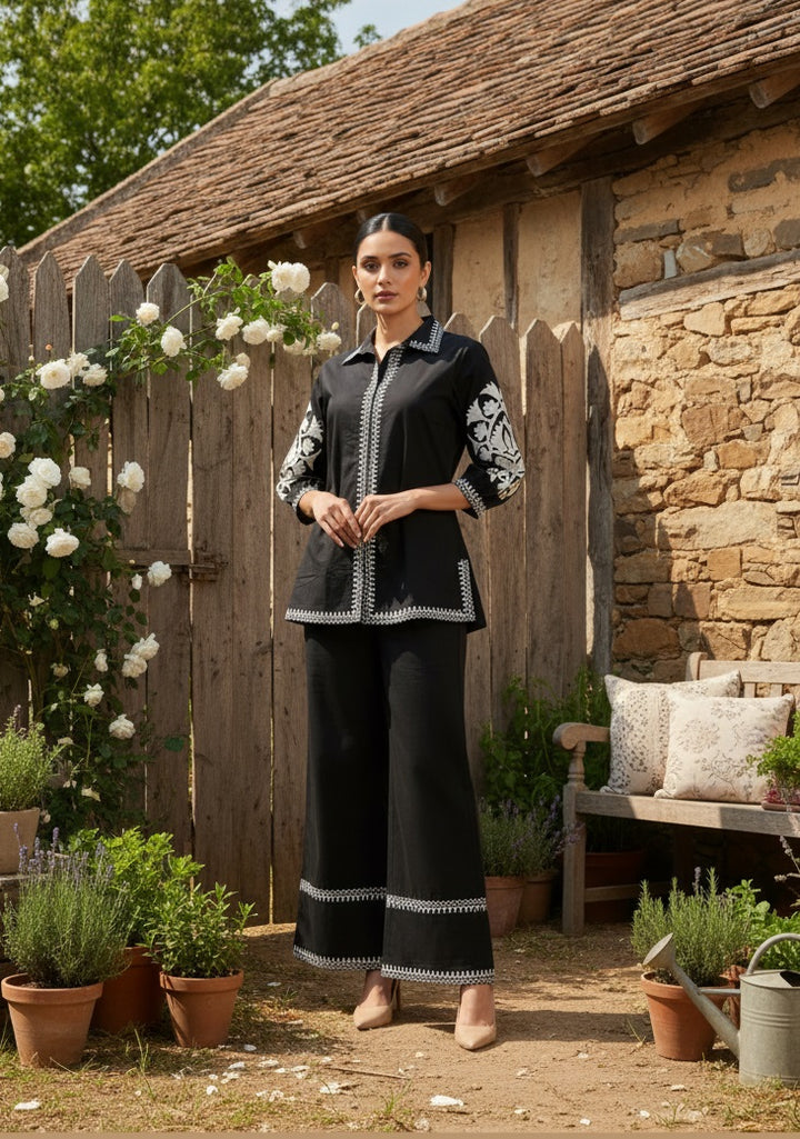 Divena Black Solid White Embroidary Co-ords Sets