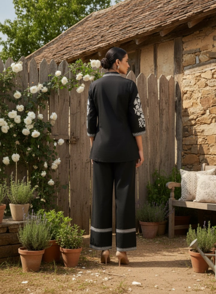 Divena Black Solid White Embroidary Co-ords Sets