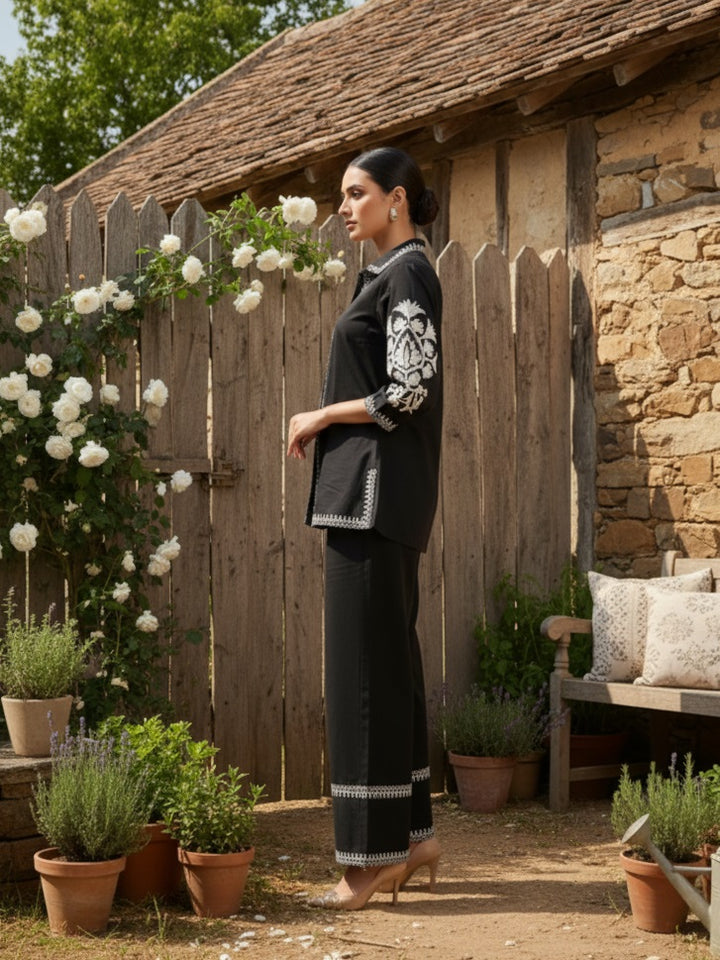 Divena Black Solid White Embroidary Co-ords Sets