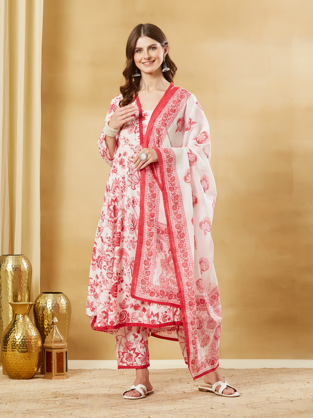 Divena White Floral Cotton Anarkali Kurta Sets With Dupatta