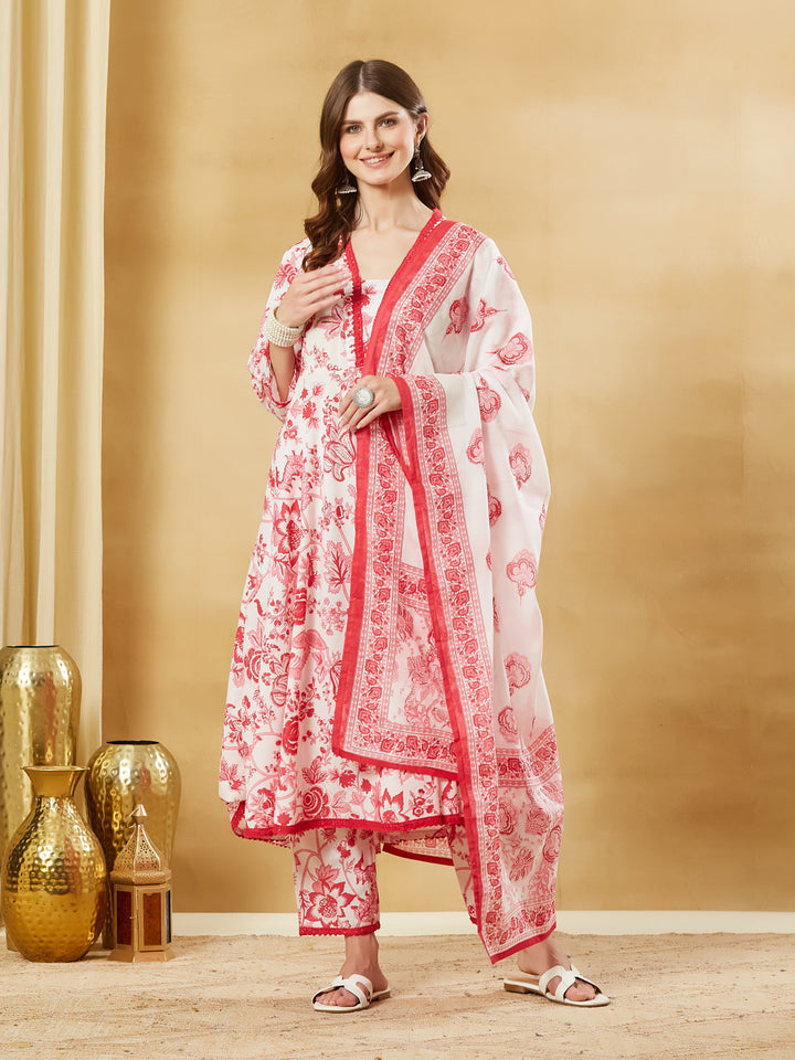 Divena White Floral Cotton Anarkali Kurta Sets With Dupatta